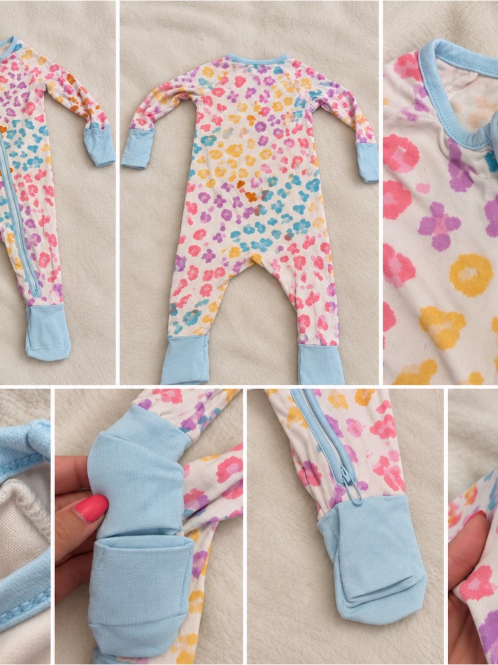 Unbranded Pastel Floral Footed One-Piece with Light Blue Trim